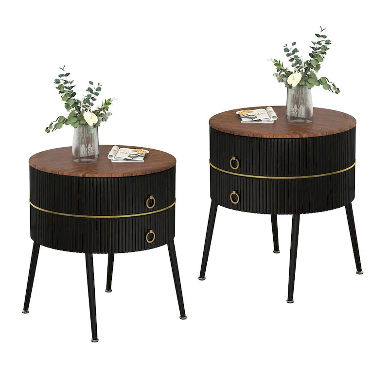 Barrel-Shaped Round End Table with 2 Drawers, Sintered Stone Top & Stainless Steel Base
