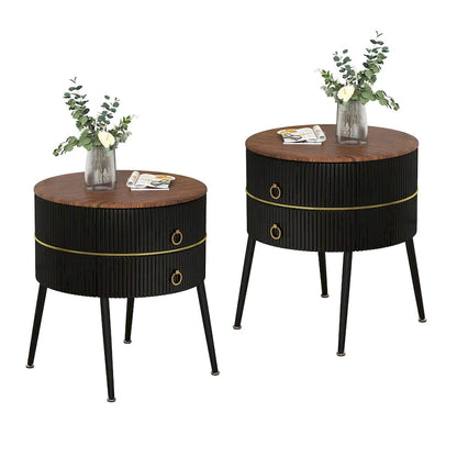 Barrel-Shaped Round End Table with 2 Drawers, Sintered Stone Top & Stainless Steel Base