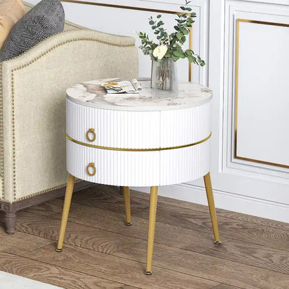 Barrel-Shaped Round End Table with 2 Drawers, Sintered Stone Top & Stainless Steel Base