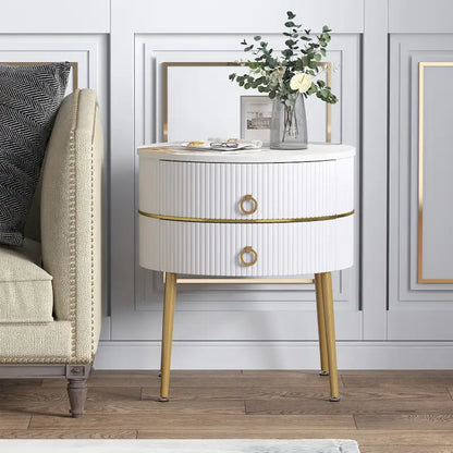 Barrel-Shaped Round End Table with 2 Drawers, Sintered Stone Top & Stainless Steel Base