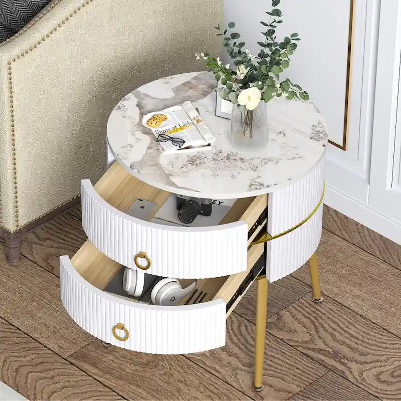 Barrel-Shaped Round End Table with 2 Drawers, Sintered Stone Top & Stainless Steel Base