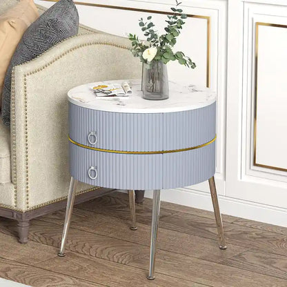 Barrel-Shaped Round End Table with 2 Drawers, Sintered Stone Top & Stainless Steel Base