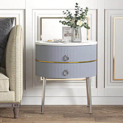 Barrel-Shaped Round End Table with 2 Drawers, Sintered Stone Top & Stainless Steel Base