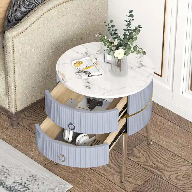 Barrel-Shaped Round End Table with 2 Drawers, Sintered Stone Top & Stainless Steel Base