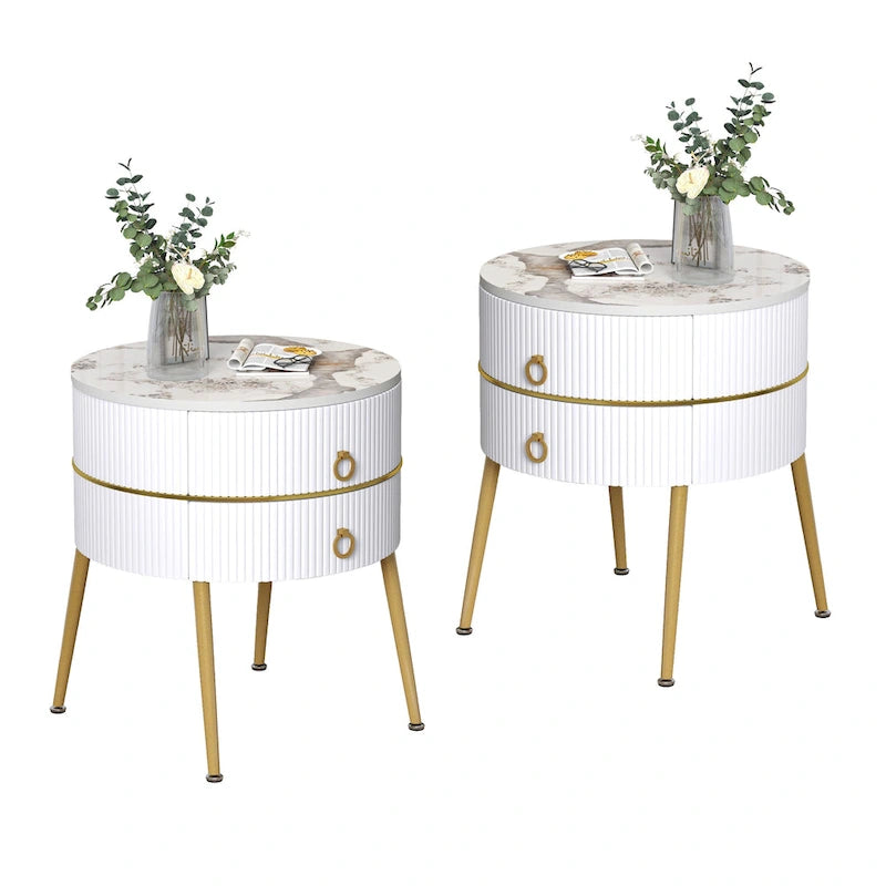Barrel-Shaped Round End Table with 2 Drawers, Sintered Stone Top & Stainless Steel Base