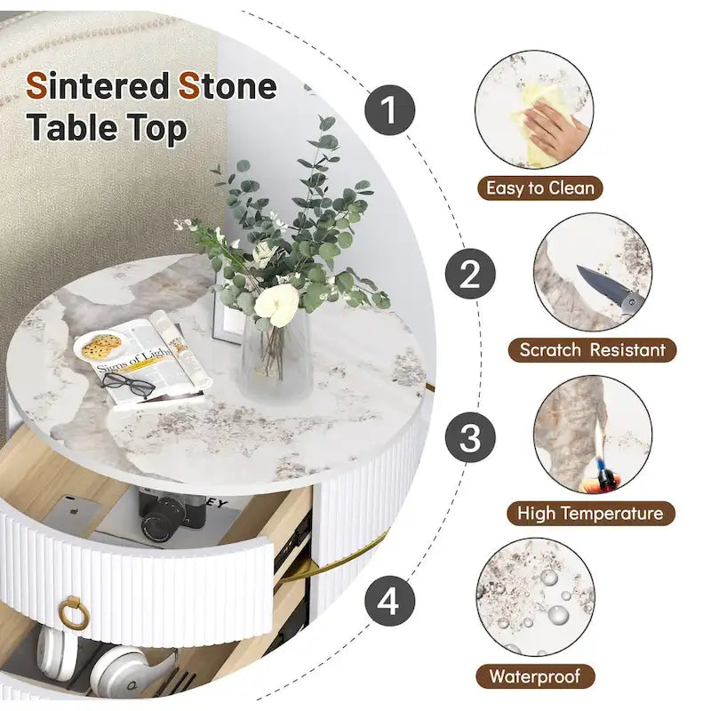 Barrel-Shaped Round End Table with 2 Drawers, Sintered Stone Top & Stainless Steel Base