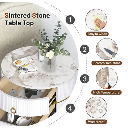 Barrel-Shaped Round End Table with 2 Drawers, Sintered Stone Top & Stainless Steel Base