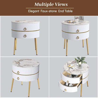 Barrel-Shaped Round End Table with 2 Drawers, Sintered Stone Top & Stainless Steel Base