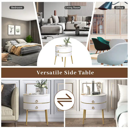 Barrel-Shaped Round End Table with 2 Drawers, Sintered Stone Top & Stainless Steel Base