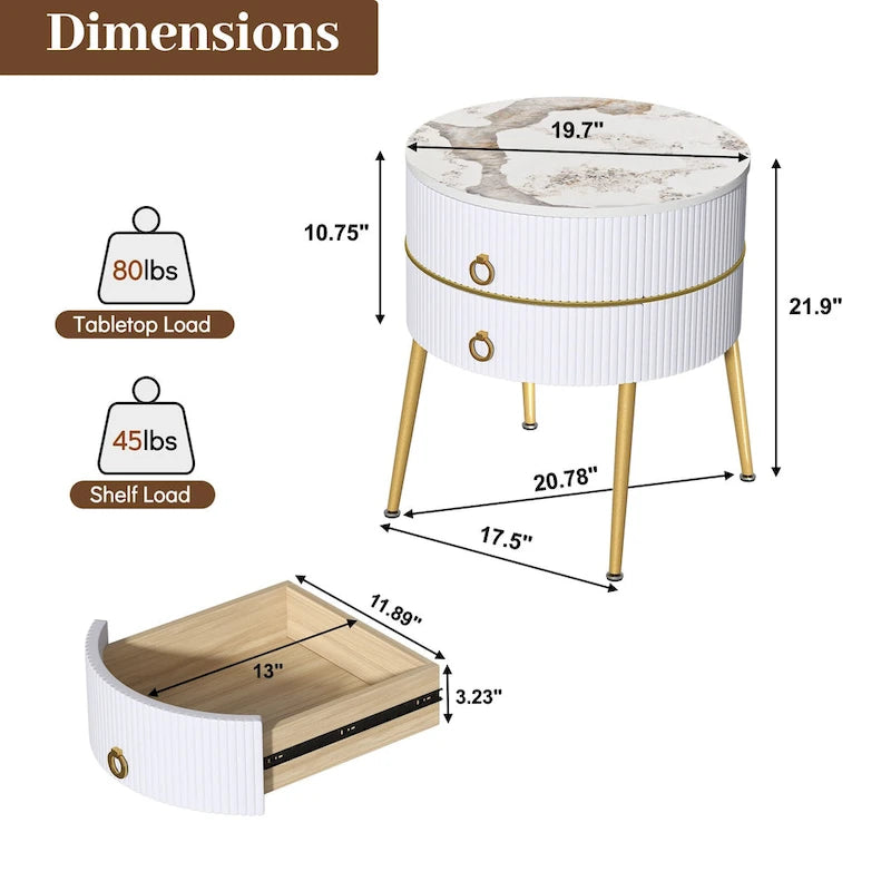 Barrel-Shaped Round End Table with 2 Drawers, Sintered Stone Top & Stainless Steel Base