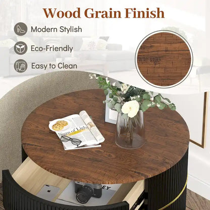 Barrel-Shaped Round End Table with 2 Drawers, Sintered Stone Top & Stainless Steel Base