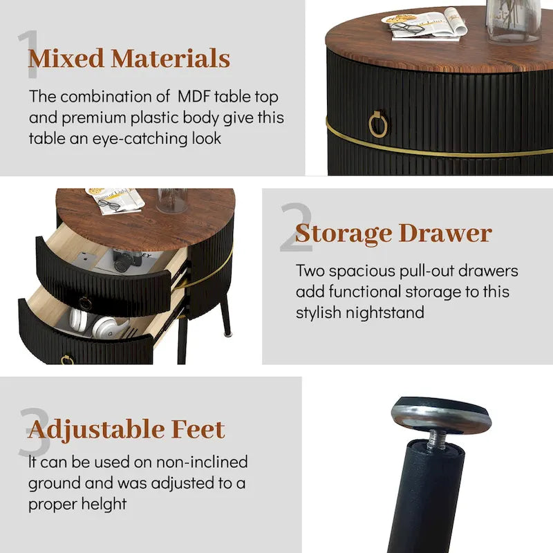 Barrel-Shaped Round End Table with 2 Drawers, Sintered Stone Top & Stainless Steel Base