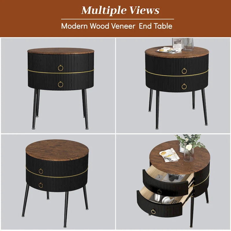 Barrel-Shaped Round End Table with 2 Drawers, Sintered Stone Top & Stainless Steel Base