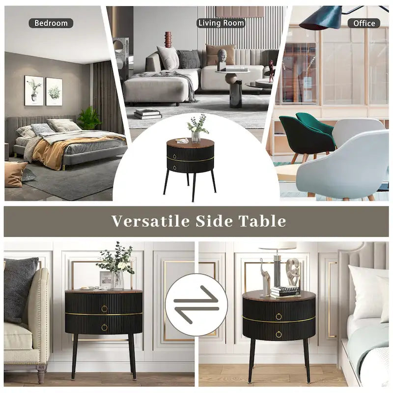 Barrel-Shaped Round End Table with 2 Drawers, Sintered Stone Top & Stainless Steel Base