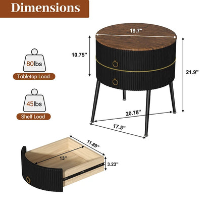 Barrel-Shaped Round End Table with 2 Drawers, Sintered Stone Top & Stainless Steel Base