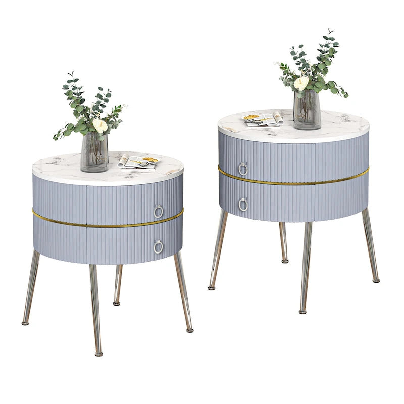Barrel-Shaped Round End Table with 2 Drawers, Sintered Stone Top & Stainless Steel Base