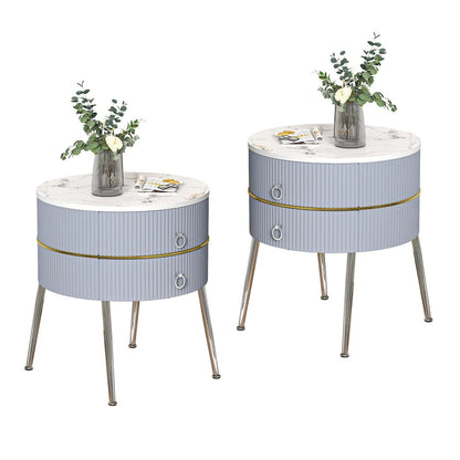 Barrel-Shaped Round End Table with 2 Drawers, Sintered Stone Top & Stainless Steel Base