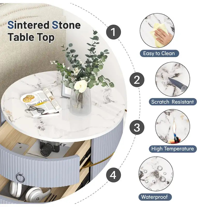 Barrel-Shaped Round End Table with 2 Drawers, Sintered Stone Top & Stainless Steel Base