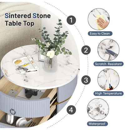 Barrel-Shaped Round End Table with 2 Drawers, Sintered Stone Top & Stainless Steel Base