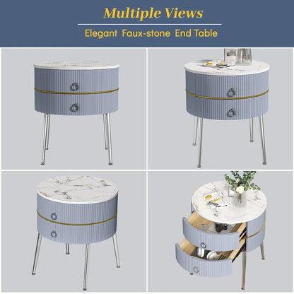 Barrel-Shaped Round End Table with 2 Drawers, Sintered Stone Top & Stainless Steel Base