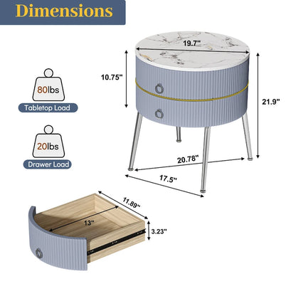 Barrel-Shaped Round End Table with 2 Drawers, Sintered Stone Top & Stainless Steel Base