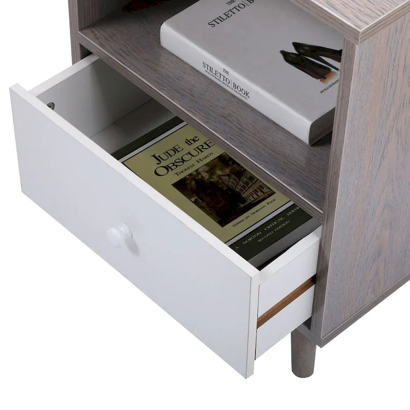 Wooden Nightstand with Drawer and Open Storage compartment ,Set of 2,Gray