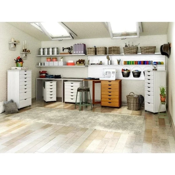 Extra Wide Solid Pine Wood Roll Cart with 6+2 Drawers, White Finish