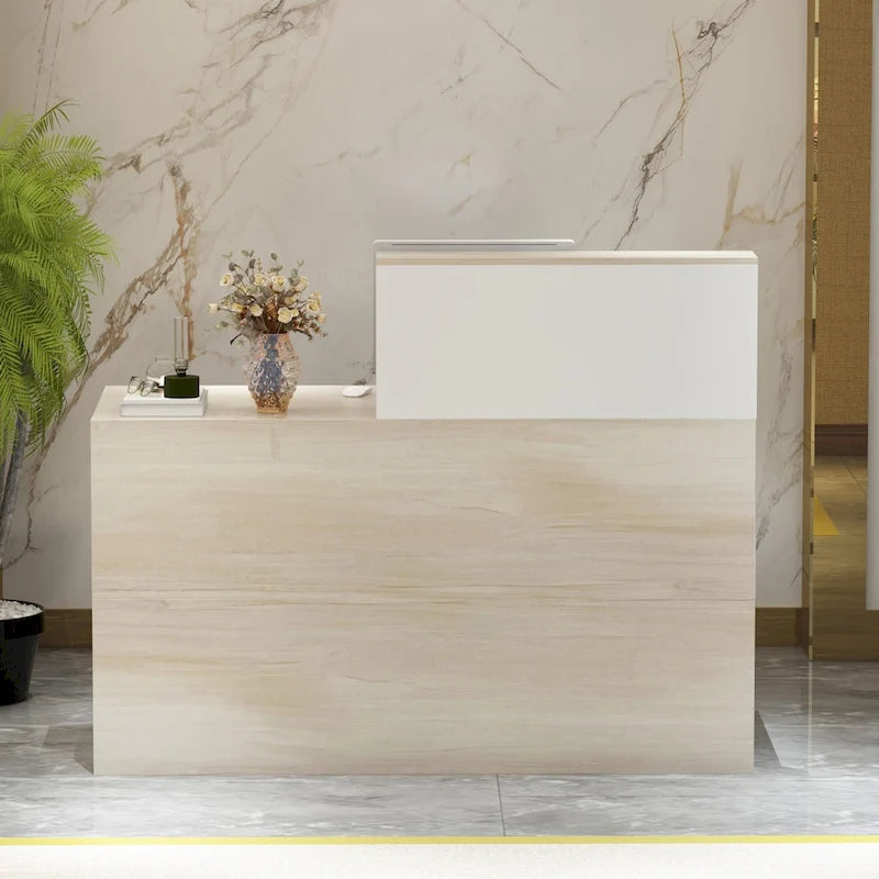 Timechee Reception Desk Counter with Lockable Storage Wood Texture