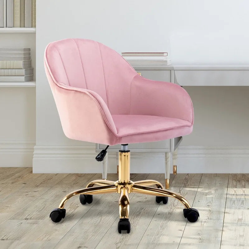 Ribbed Velvet Office Chair with 360° Swivel & Gold Chrome Base