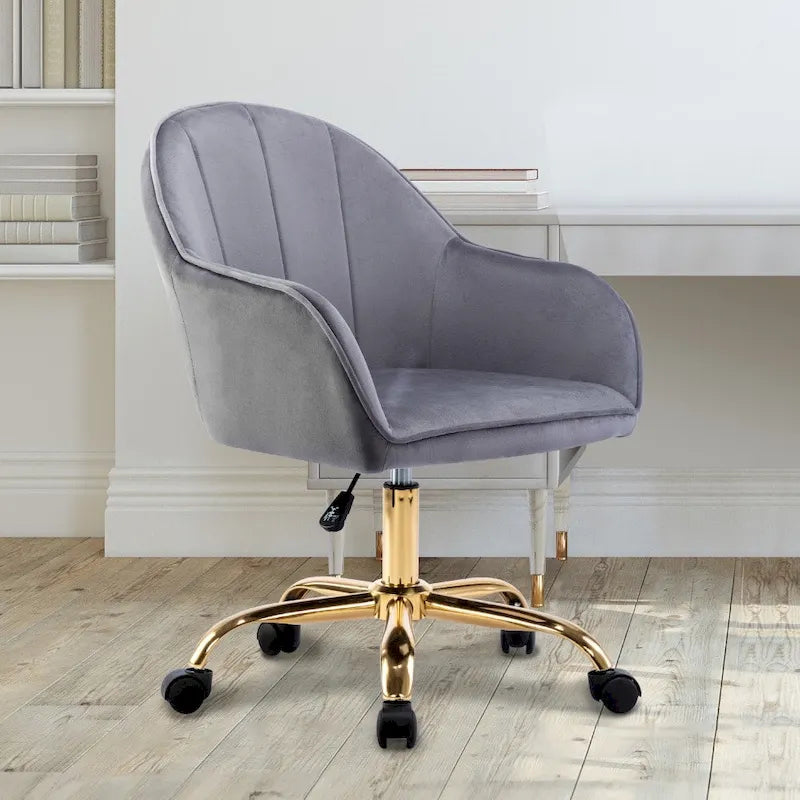 Ribbed Velvet Office Chair with 360° Swivel & Gold Chrome Base