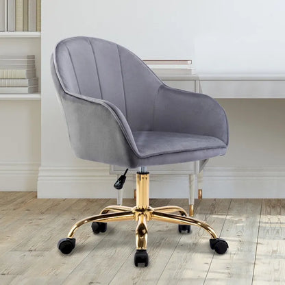 Ribbed Velvet Office Chair with 360° Swivel & Gold Chrome Base