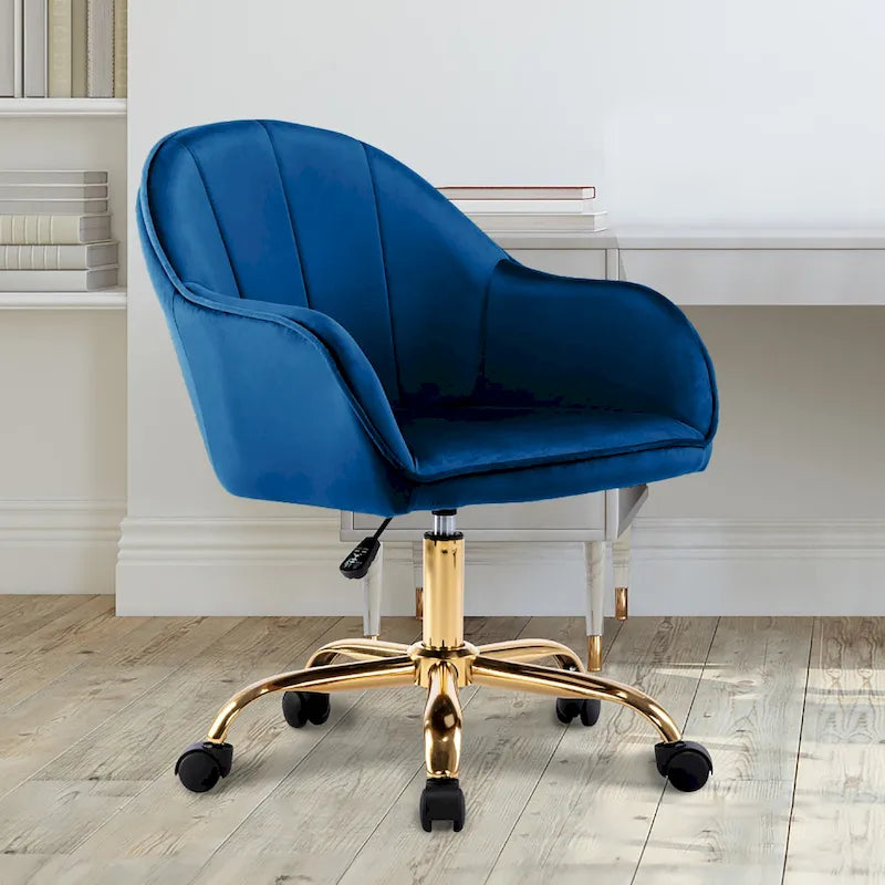 Ribbed Velvet Office Chair with 360° Swivel & Gold Chrome Base