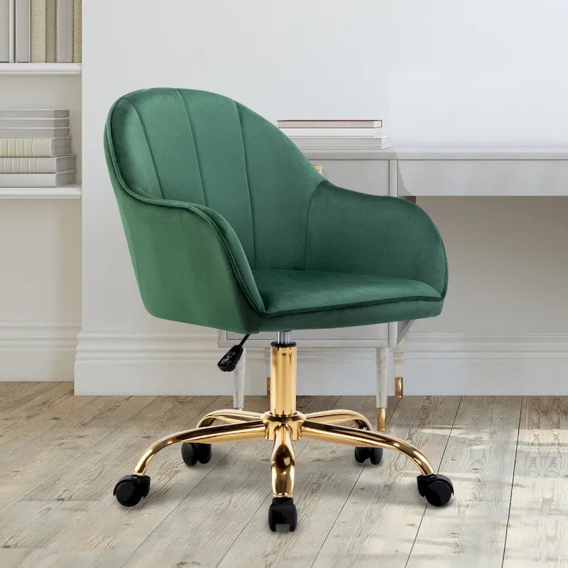 Ribbed Velvet Office Chair with 360° Swivel & Gold Chrome Base