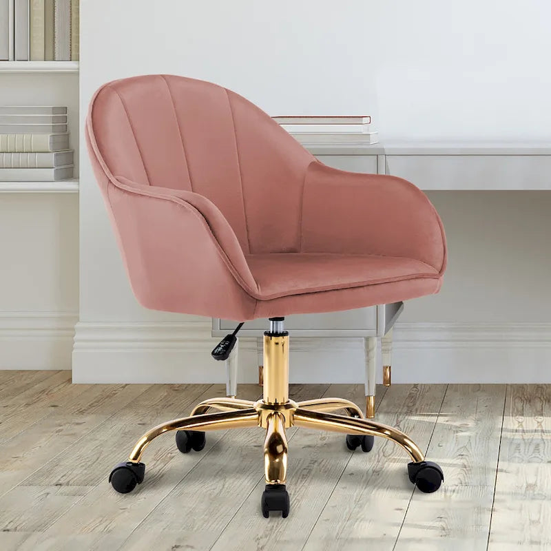 Ribbed Velvet Office Chair with 360° Swivel & Gold Chrome Base