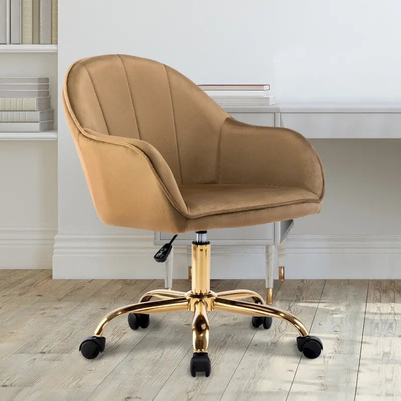 Ribbed Velvet Office Chair with 360° Swivel & Gold Chrome Base