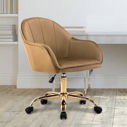 Ribbed Velvet Office Chair with 360° Swivel & Gold Chrome Base