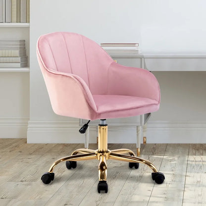 Ribbed Velvet Office Chair with 360° Swivel & Gold Chrome Base