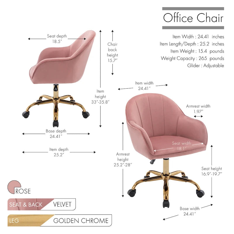 Ribbed Velvet Office Chair with 360° Swivel & Gold Chrome Base