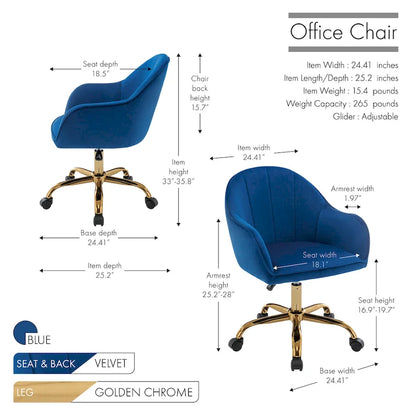 Ribbed Velvet Office Chair with 360° Swivel & Gold Chrome Base