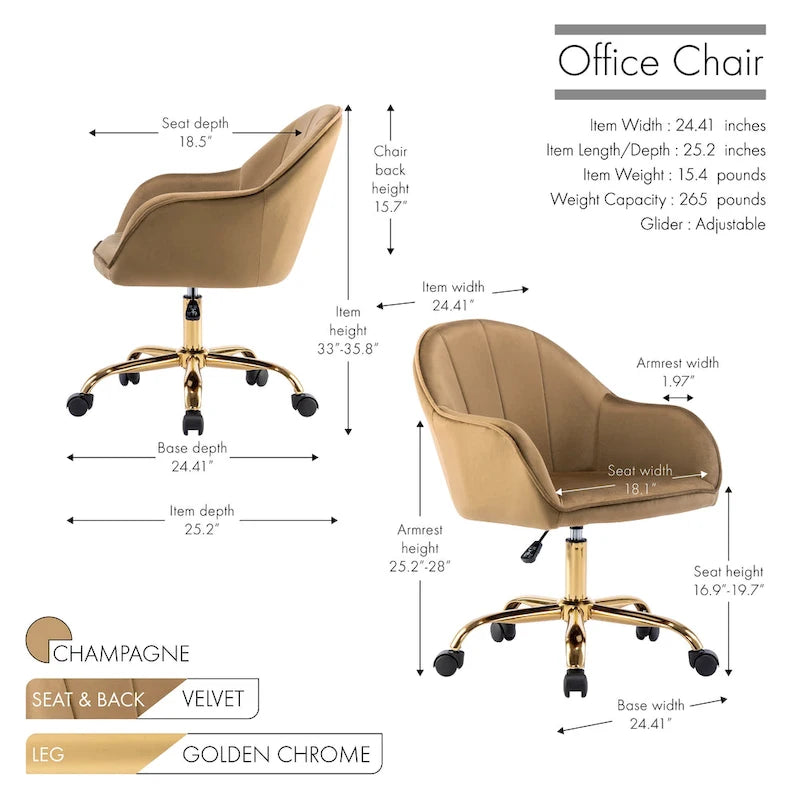 Ribbed Velvet Office Chair with 360° Swivel & Gold Chrome Base
