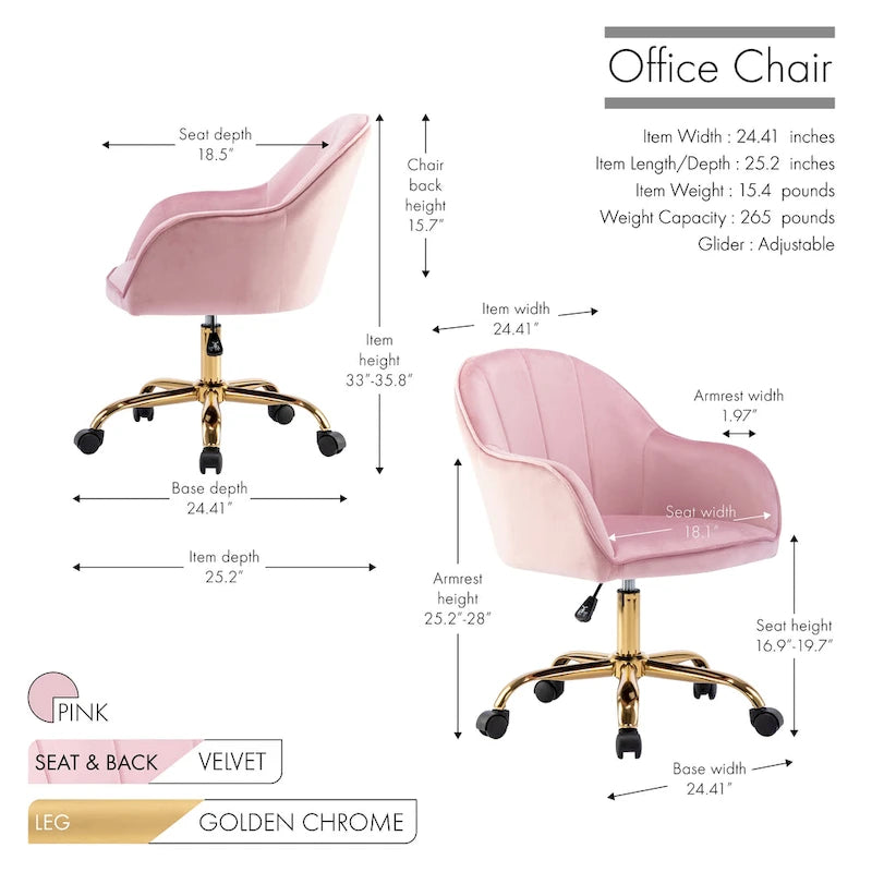 Ribbed Velvet Office Chair with 360° Swivel & Gold Chrome Base