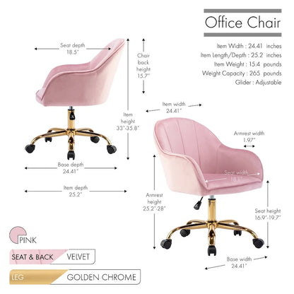 Ribbed Velvet Office Chair with 360° Swivel & Gold Chrome Base