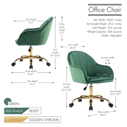 Ribbed Velvet Office Chair with 360° Swivel & Gold Chrome Base