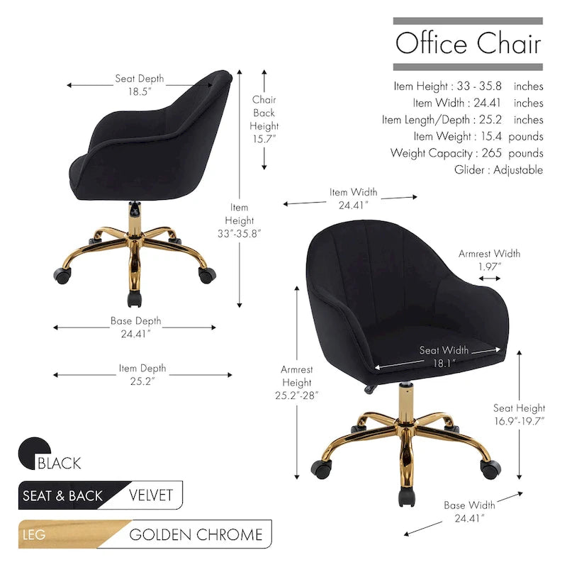 Ribbed Velvet Office Chair with 360° Swivel & Gold Chrome Base