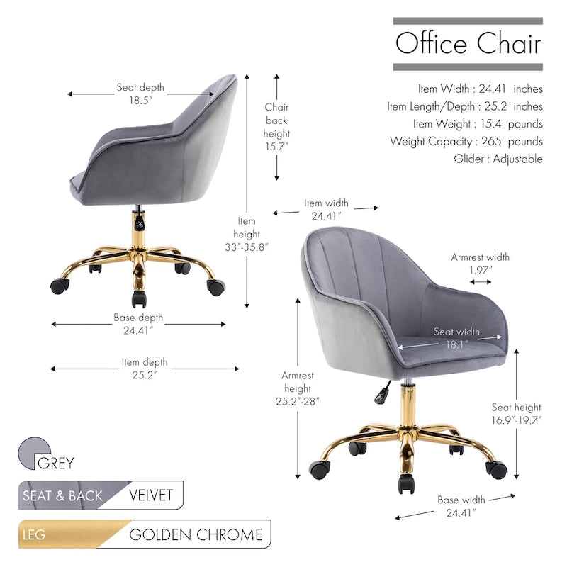 Ribbed Velvet Office Chair with 360° Swivel & Gold Chrome Base
