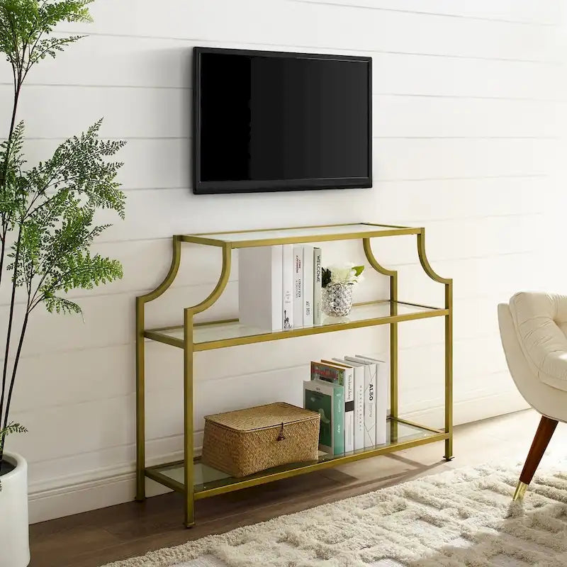 Mid-Century 3-Tier Console Table with Tempered Glass Shelves & Antiqued Gold Frame