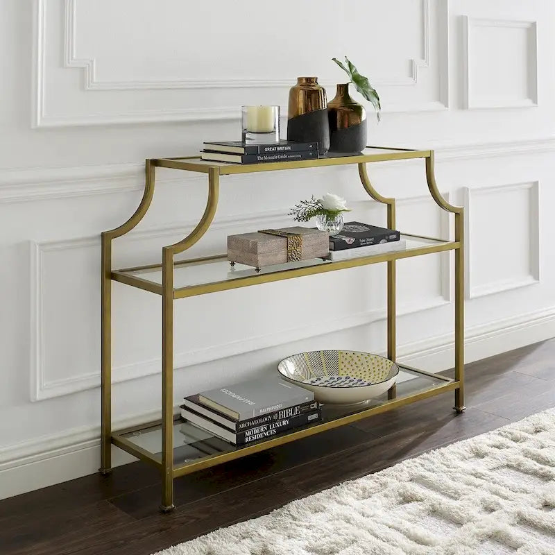Mid-Century 3-Tier Console Table with Tempered Glass Shelves & Antiqued Gold Frame