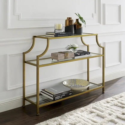 Mid-Century 3-Tier Console Table with Tempered Glass Shelves & Antiqued Gold Frame
