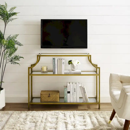 Mid-Century 3-Tier Console Table with Tempered Glass Shelves & Antiqued Gold Frame