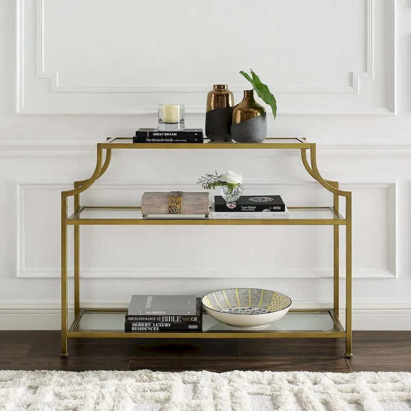 Mid-Century 3-Tier Console Table with Tempered Glass Shelves & Antiqued Gold Frame